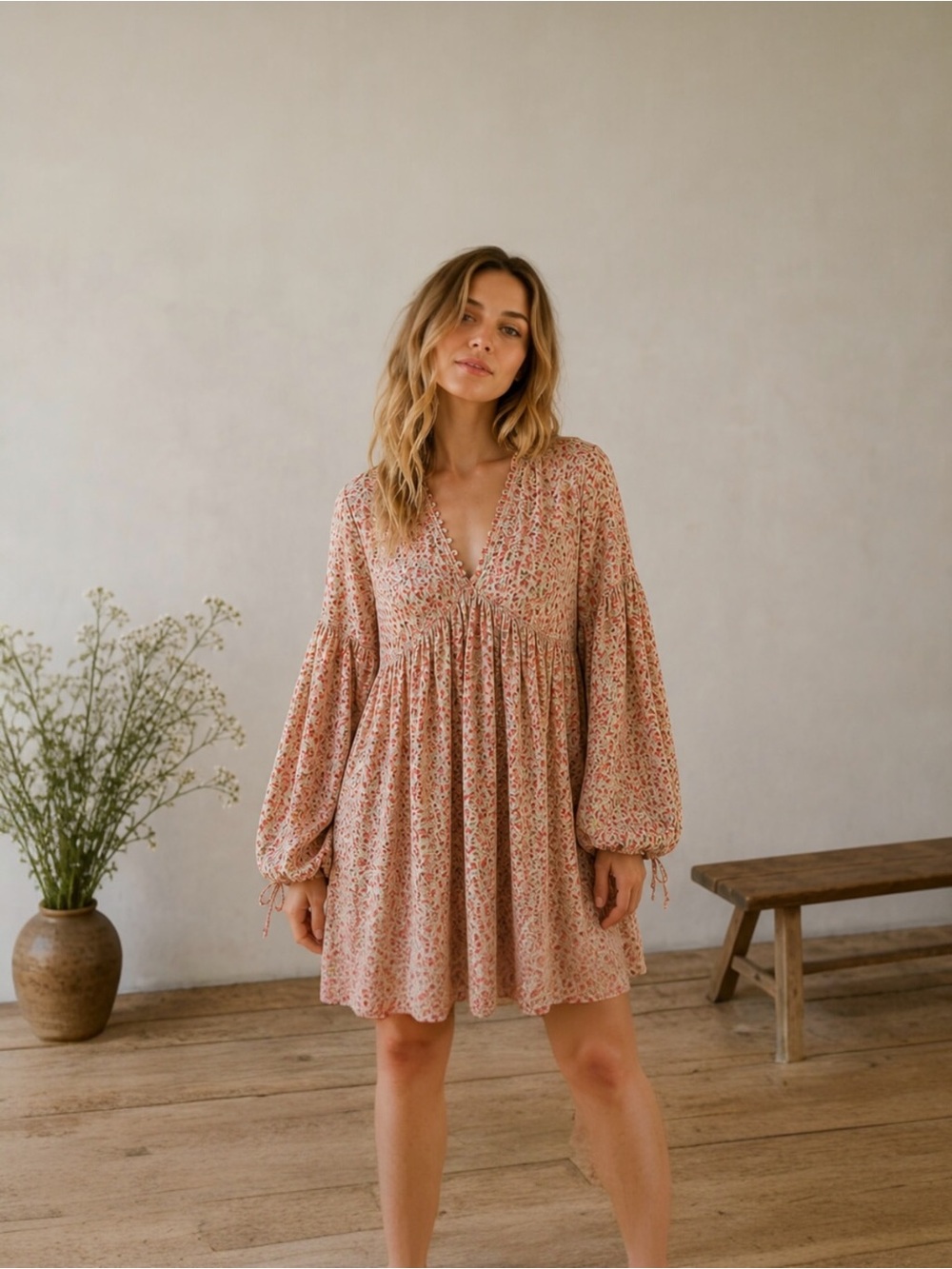 DÔEN Marguerite Floral Babydoll Smocked Mini Dress Romantic Prairie Boho
